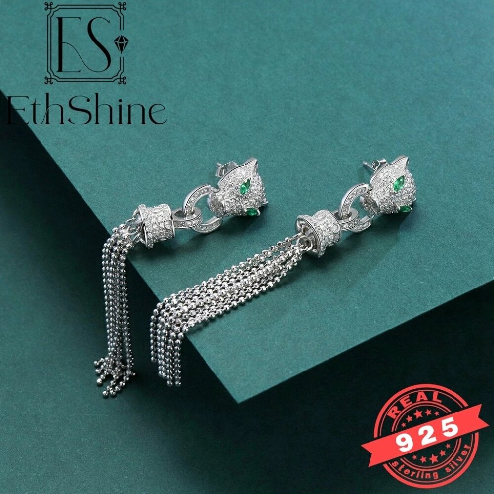 925 Sterling Silver Leopard with Green Eyes Tassel Earrings - Picture 2 of 3